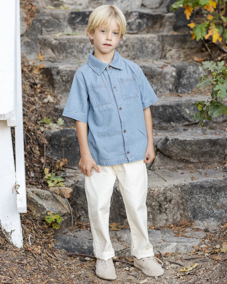 Denim Short Sleeve Overshirt | Washed  Blue | Rylee & Cru