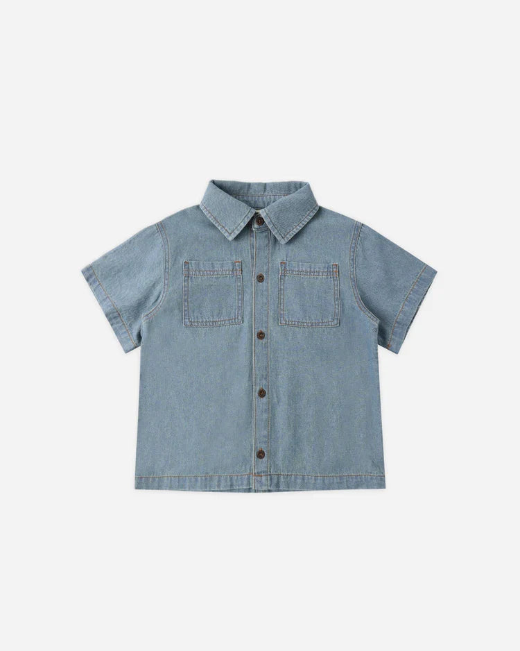 Denim Short Sleeve Overshirt | Washed  Blue | Rylee & Cru