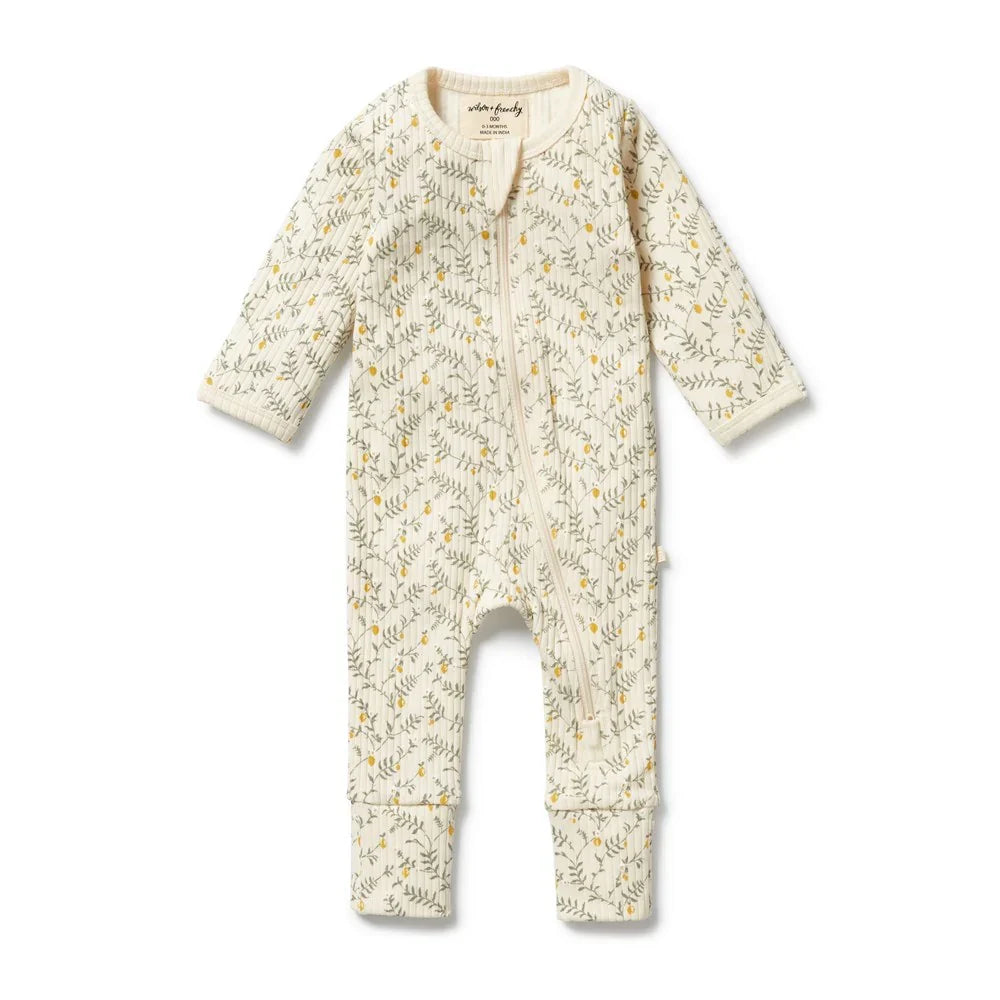 Lemon Leaf Organic Zipsuit with Feet | Wilson + Frenchy