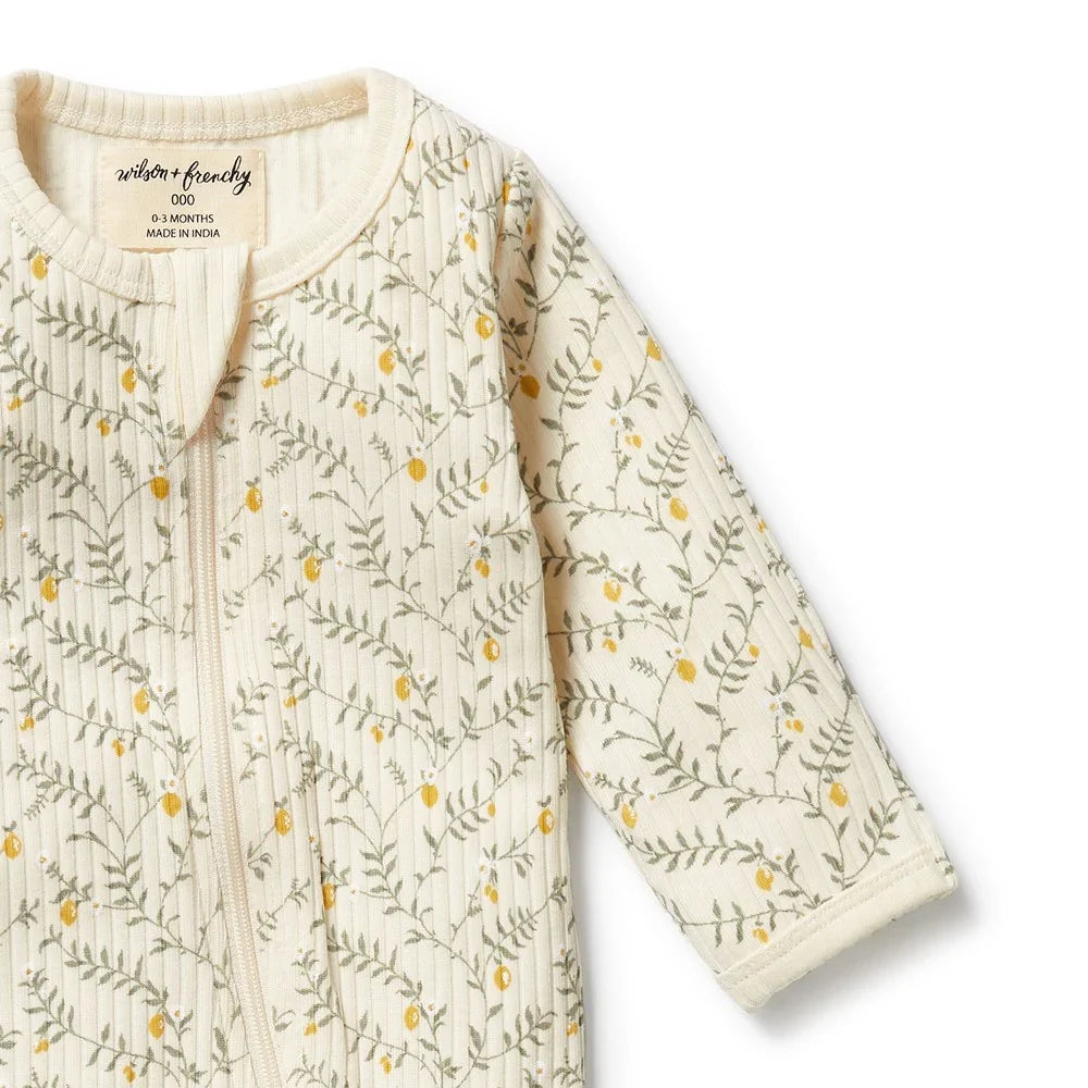 Lemon Leaf Organic Zipsuit with Feet | Wilson + Frenchy