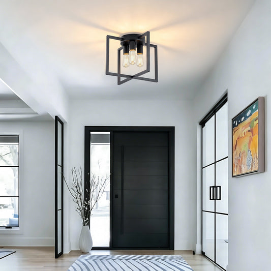 3-Light Black Semi-Flush Mount Ceiling Light with Geometric Metal Shade (United States Delivery Only)