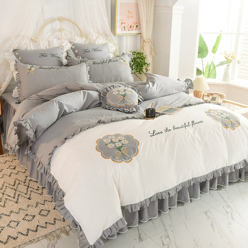 Summer Ruffled Cotton Bedding Set Embroidered Floral Bed Skirt