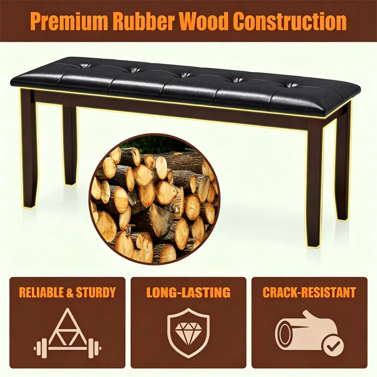45.5 Inch PU Leather Padded Dining Bench, Solid Rubber Wood, Black and Brown (United States Delivery Only)