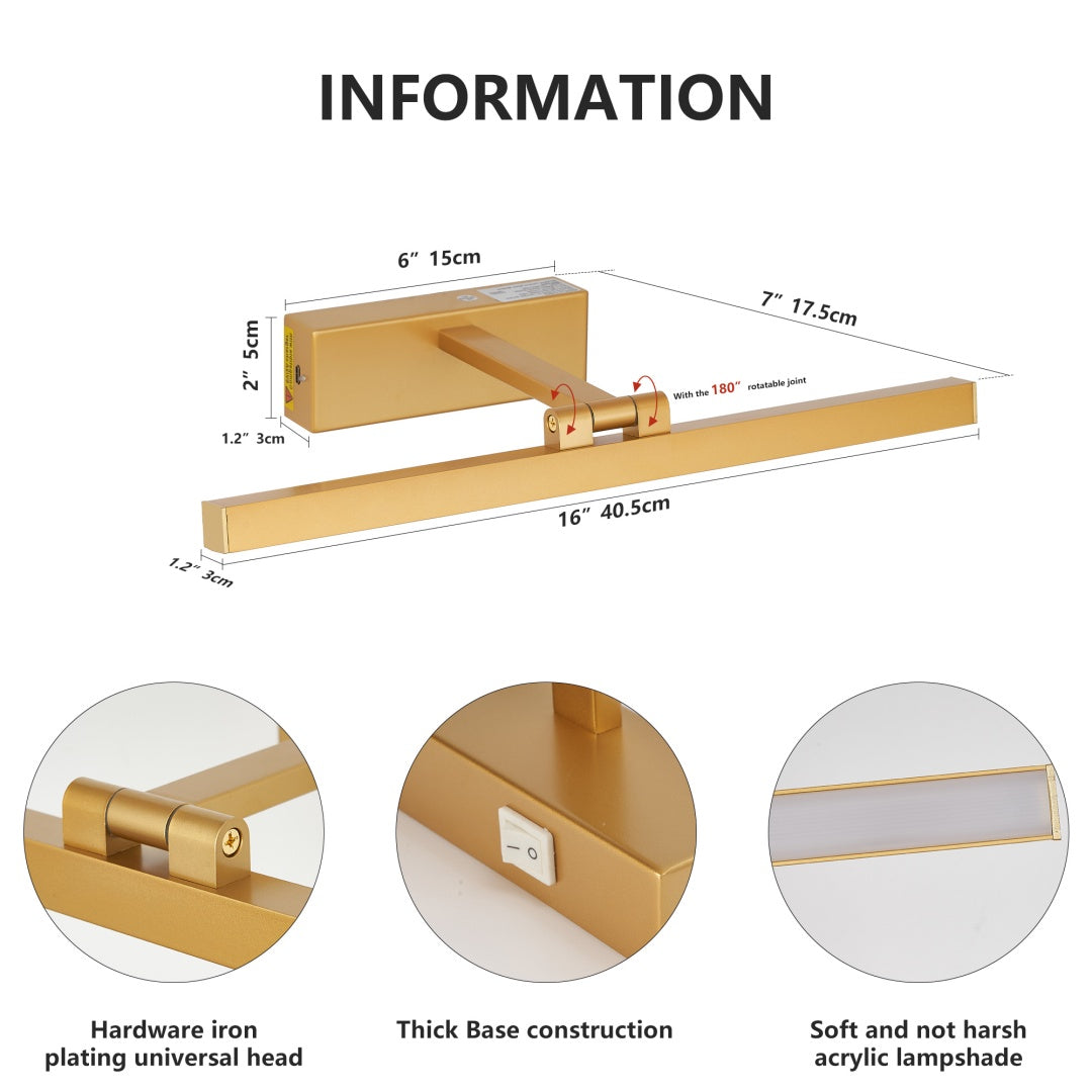 16 Inch Gold Dimmable LED Vanity Light Bar, Wireless Rechargeable Wall Light (United States Delivery Only)