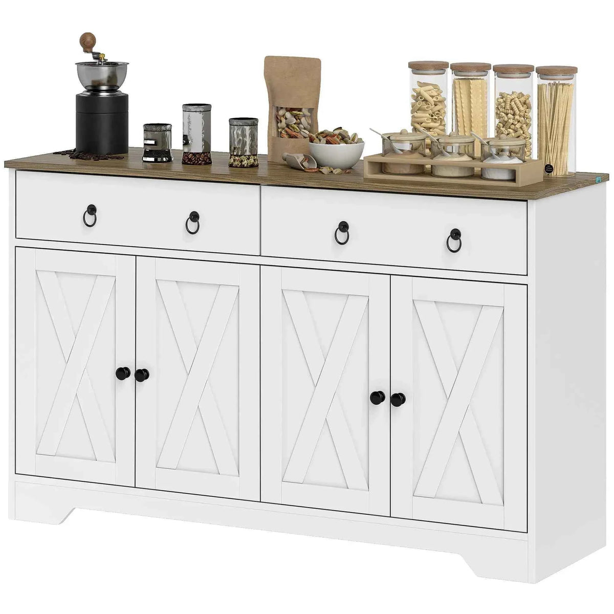 White Kitchen Sideboard Cabinet – 2 Drawers, 4 Barn Doors & Adjustable Shelves (United States & Canada Delivery Only)