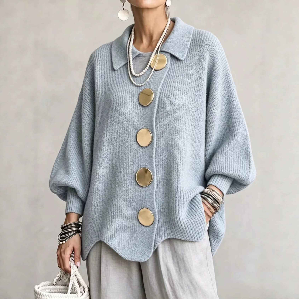 Women’s Button-Down Knit Cardigan – Lapel Collar Long-Sleeve Loose-Fit Fall & Winter Sweater