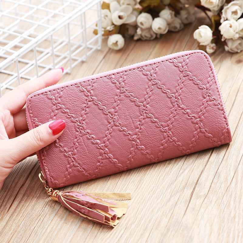 Women's Leather Clutch Wallet – Stylish Tassel Zip Purse with Card Holder Slots
