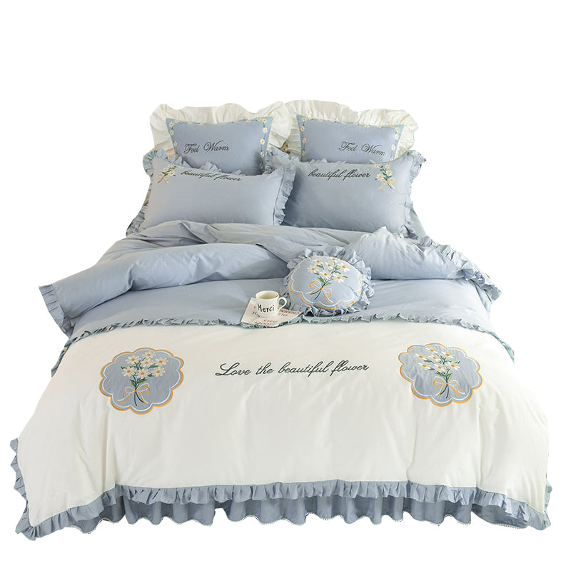 Summer Ruffled Cotton Bedding Set Embroidered Floral Bed Skirt