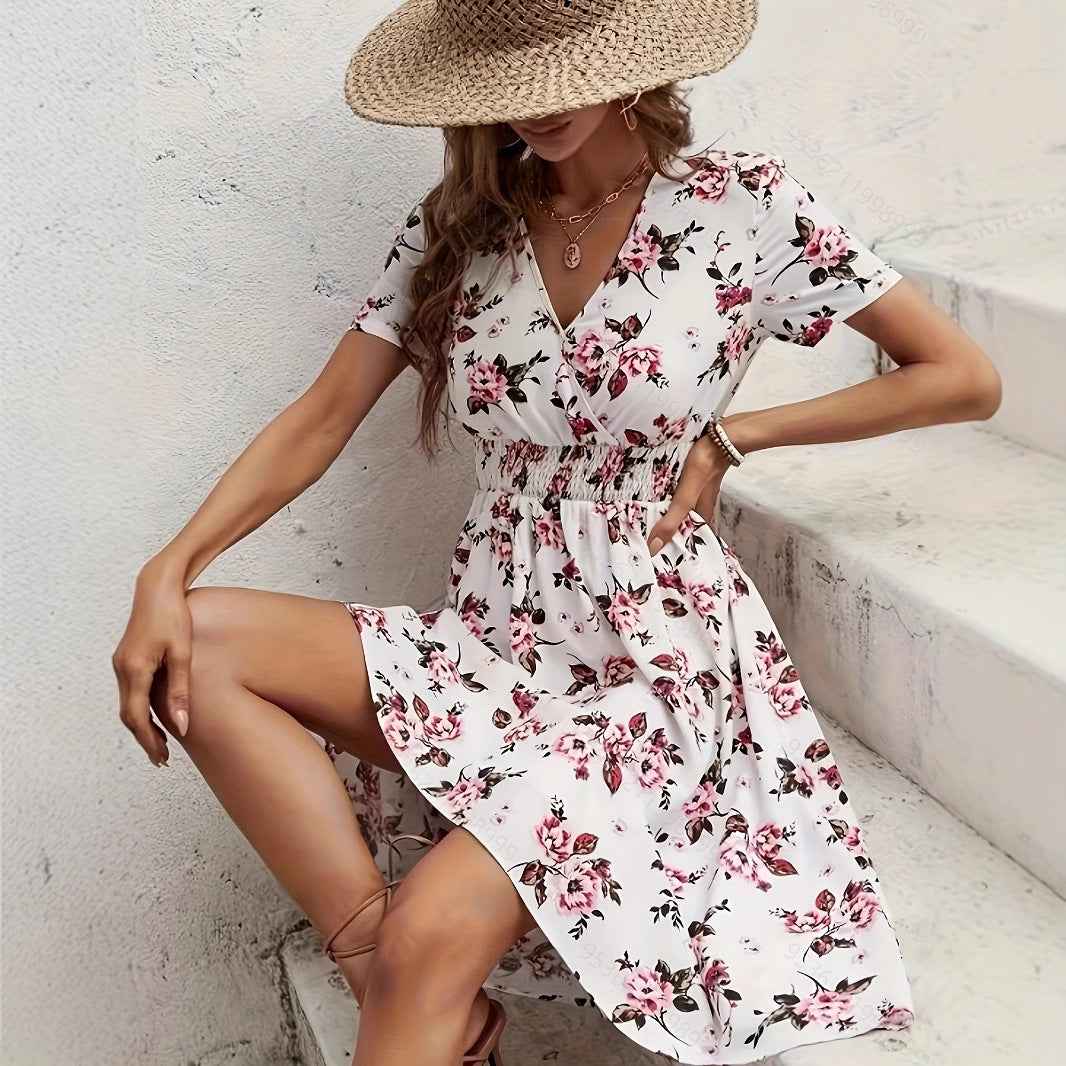 New Short Sleeve Cross Collar Dress Elastic Waist Printed Dress