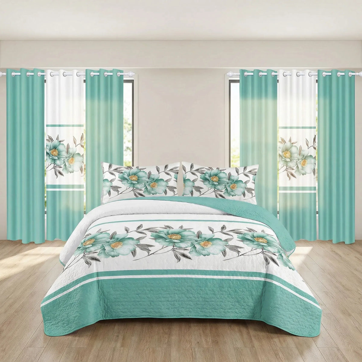 9-Piece Queen Quilted Bedspread & Curtain Set – Bedding Ensemble with Sheer Grommet Drapes (United States & Canada Delivery Only)