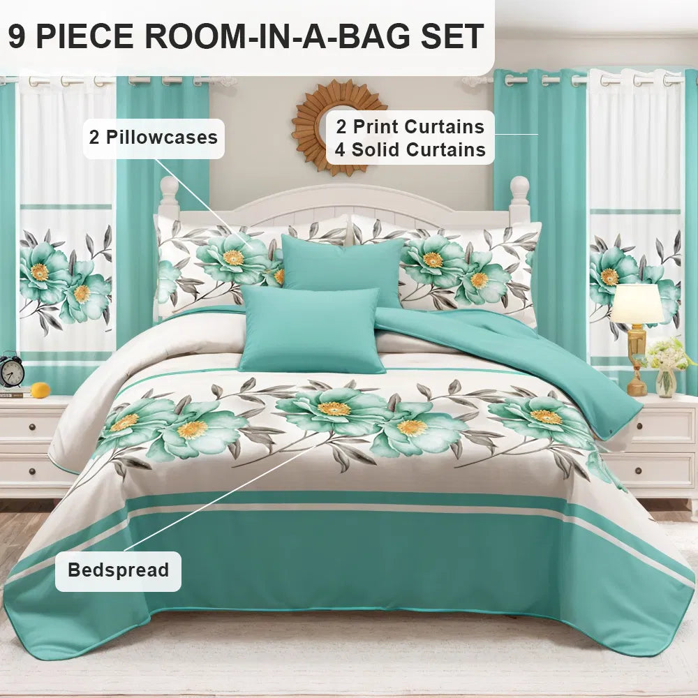 9-Piece Queen Quilted Bedspread & Curtain Set – Bedding Ensemble with Sheer Grommet Drapes (United States & Canada Delivery Only)