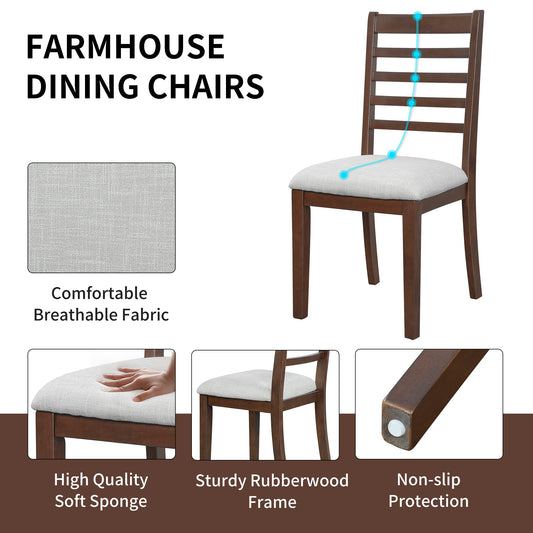 Farmhouse Ladder Back Dining Chairs Set of 2, Upholstered Rubber Wood, Beige and Walnut (United States Delivery Only)