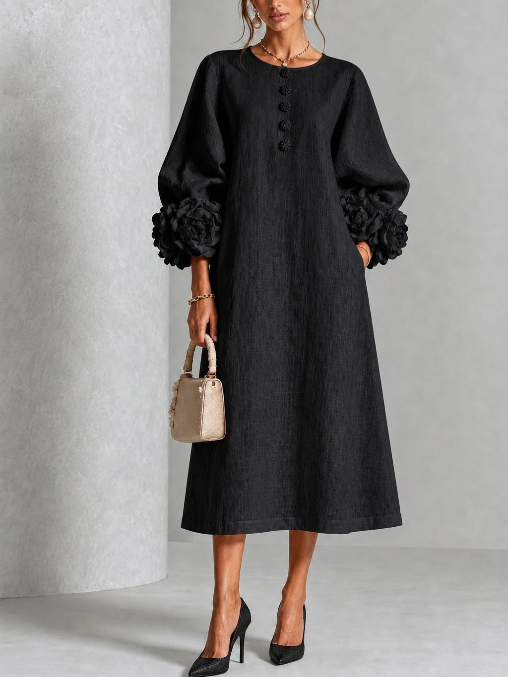 Women’s 3D Floral A-Line Dress – Puff Sleeve French-Style Party & Wedding Dress