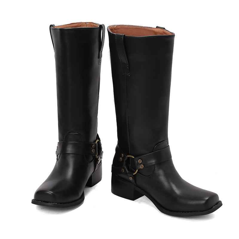 Women’s Square Toe Mid-Calf Boots – Stylish Suede Denim Boots for Fall & Winter