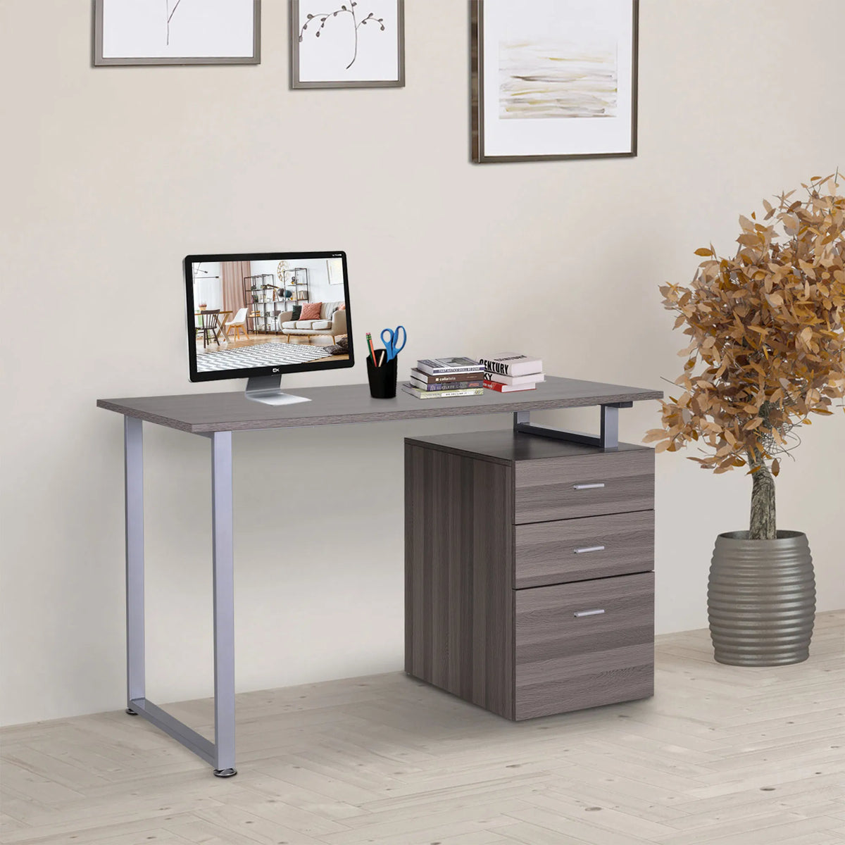 47-Inch L-Shaped Computer Desk – Reversible File Drawers & Metal Frame, Dark Wood Grain (United States & Canada Delivery Only)