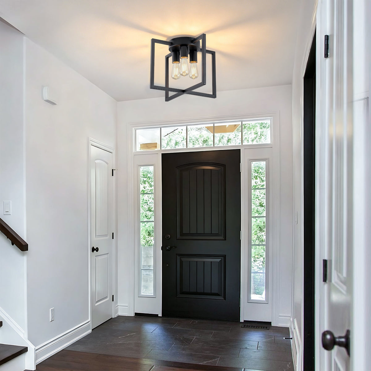 3-Light Black Semi-Flush Mount Ceiling Light with Geometric Metal Shade (United States Delivery Only)