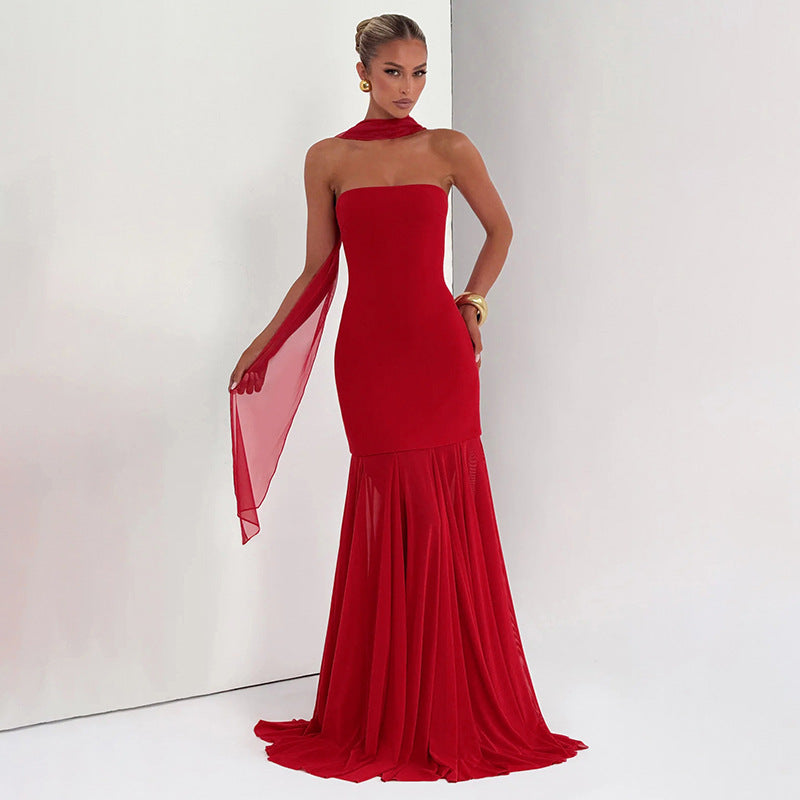Women's Sleeveless Chiffon Tube Top Dress With Ribbons – Elegant Floor-Length Dress