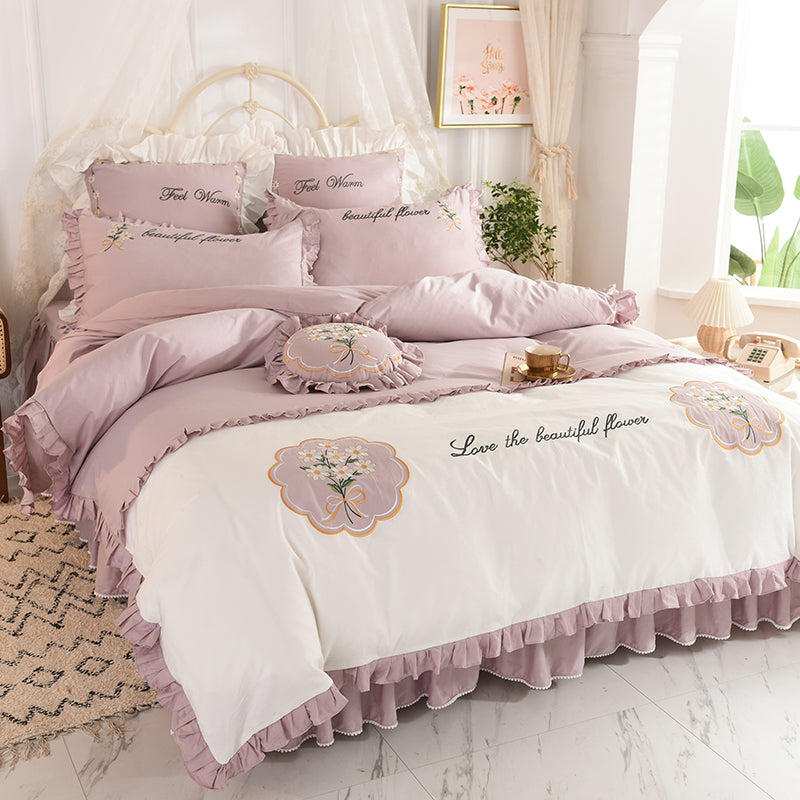 Summer Ruffled Cotton Bedding Set Embroidered Floral Bed Skirt