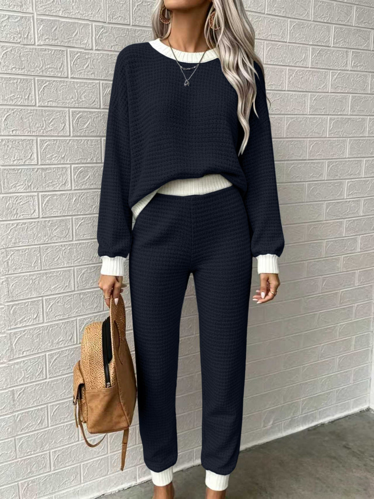 Women’s Waffle-Weave Sweatshirt & Pants Set – Casual Drawstring Crew-Neck Long-Sleeve Loungewear