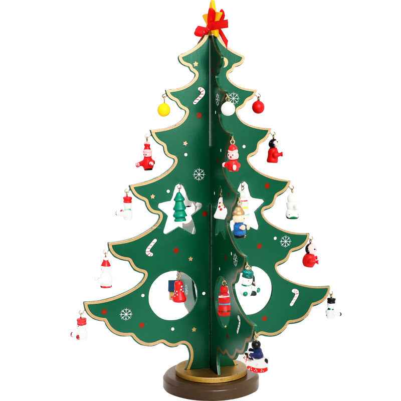 Creative Wooden Christmas Tree Desktop Decoration – 3D Tabletop Holiday Decor, Red & Green