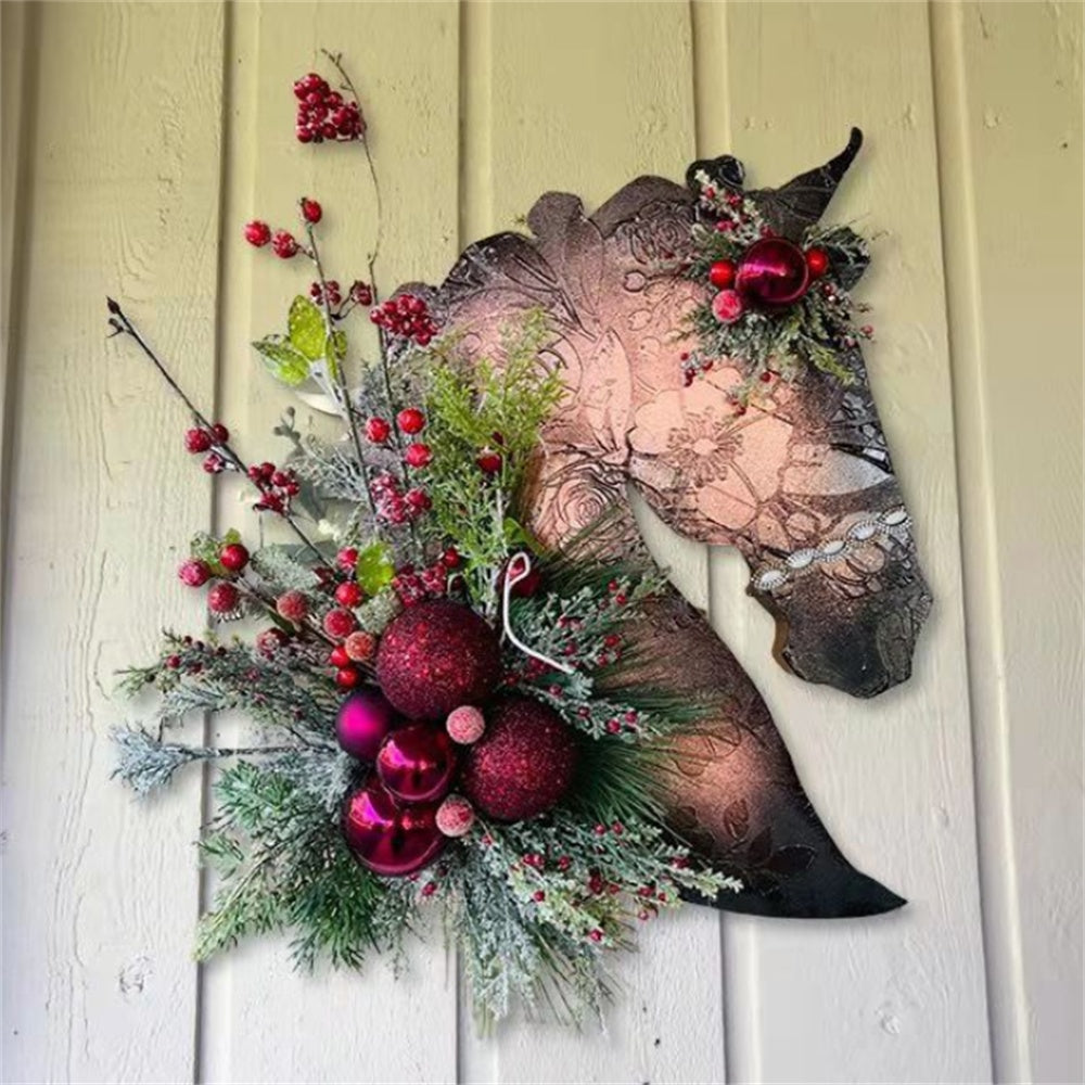 Horse Head Christmas Wreath, Artificial Door Hanging Decor with Balls & Pine Cones