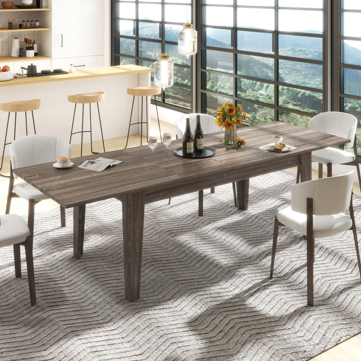 Extendable Dining Table, 63 to 106.3 Inch Large Rectangular Kitchen Table, Dark Oak (United States Delivery Only)