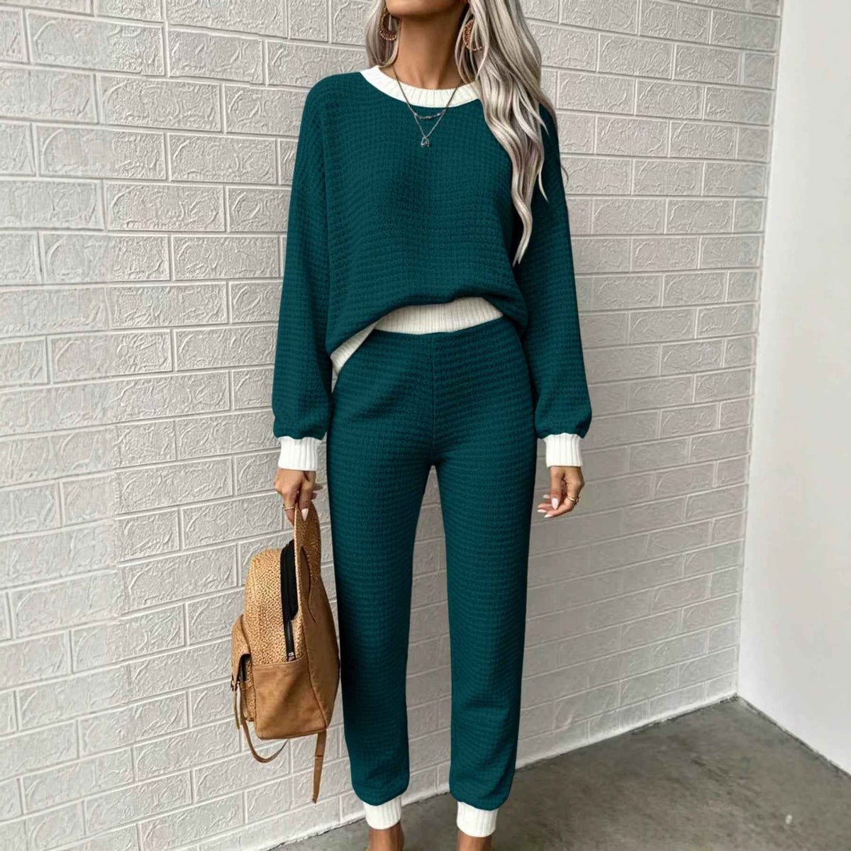 Women’s Waffle-Weave Sweatshirt & Pants Set – Casual Drawstring Crew-Neck Long-Sleeve Loungewear