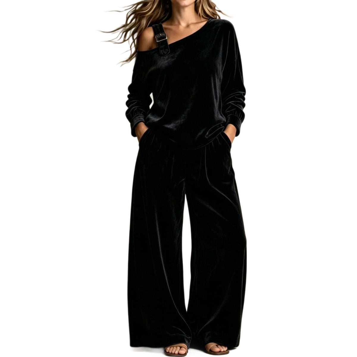 Women’s Velvet Two-Piece Set – Elegant Off-Shoulder Long-Sleeve Top & Full-Length Pants