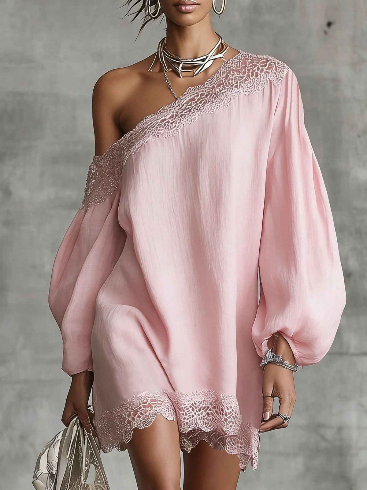 Women's Off-Shoulder Long Sleeve Mini Dress | Lace Trim Dress