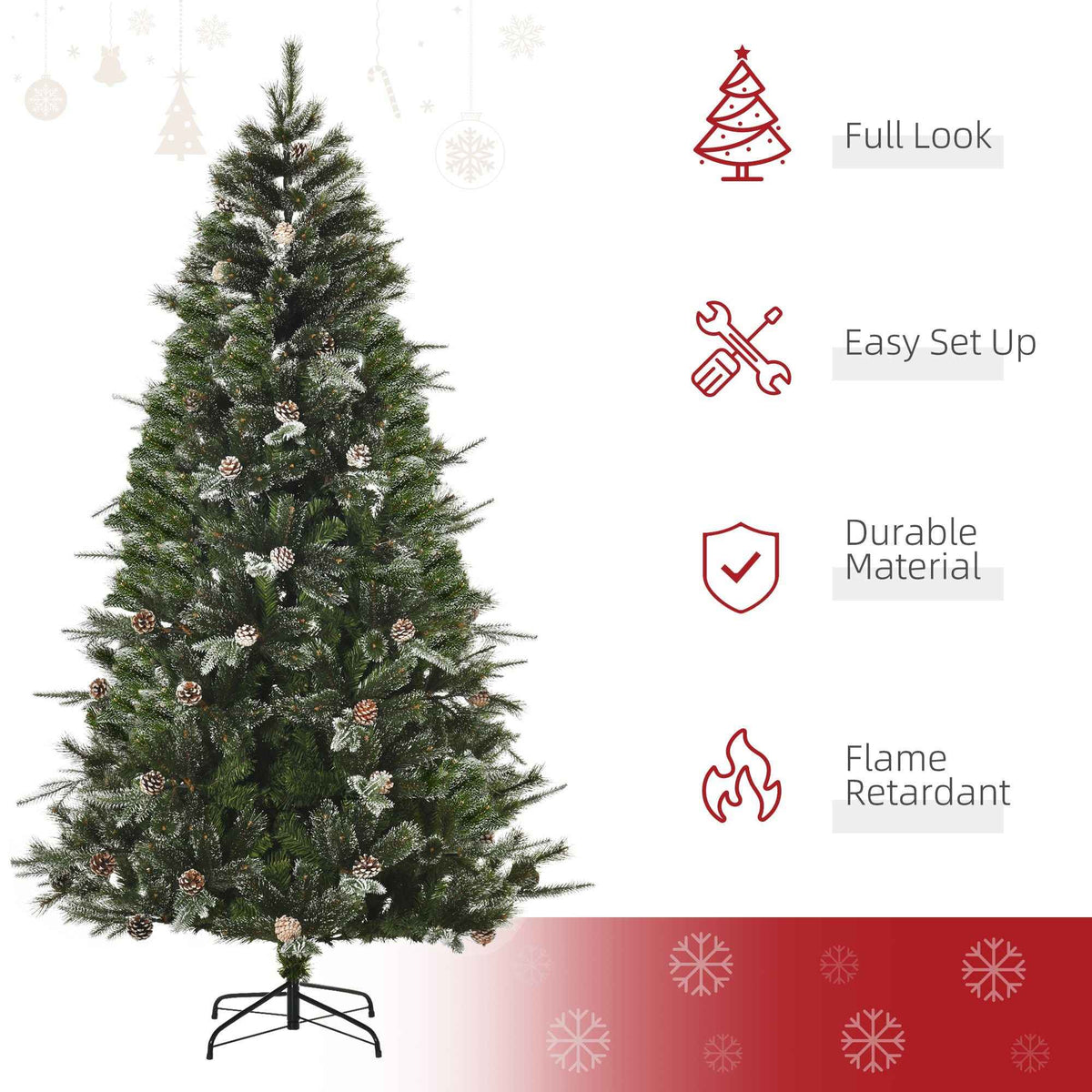 HOMCM 7FT Artificial Christmas Snow Pine Tree Holiday Home Xmas Decoration With Automatic Open, Pinecone, Green (Canada Delivery Only)