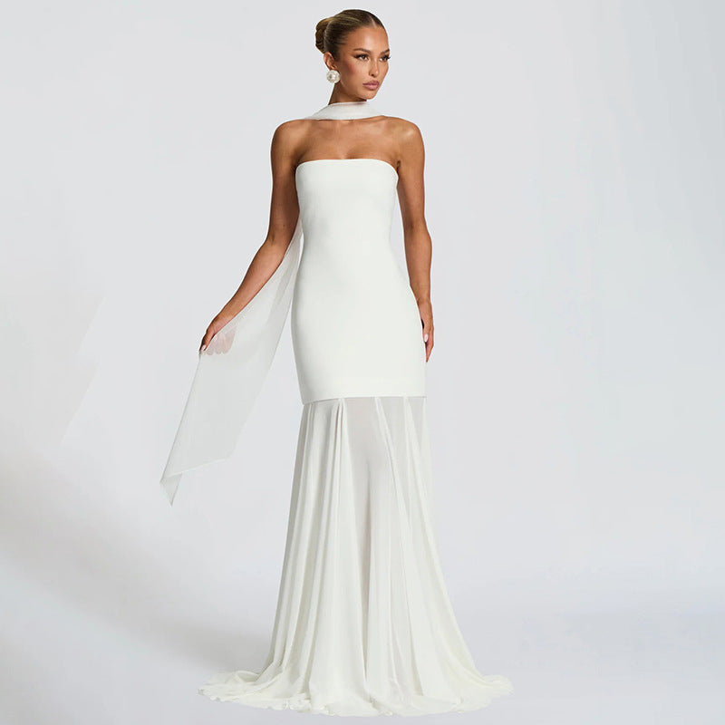 Women's Sleeveless Chiffon Tube Top Dress With Ribbons – Elegant Floor-Length Dress