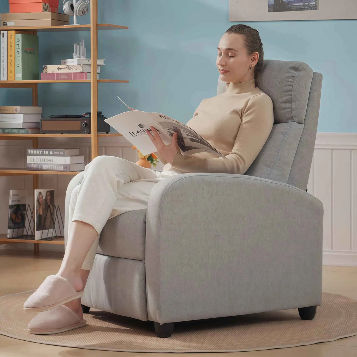Light Grey Fabric Recliner Chair – Manual Home Theater & Living Room Armchair (United States & Canada Delivery Only)