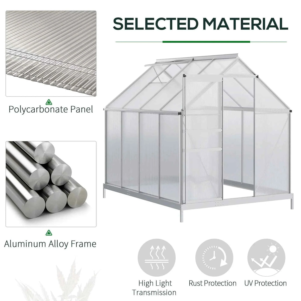 6' × 8' × 6.5' Walk-In Polycarbonate Greenhouse – Sliding Door, Base & Adjustable Roof Vent ( United States & Canada Delivery Only)