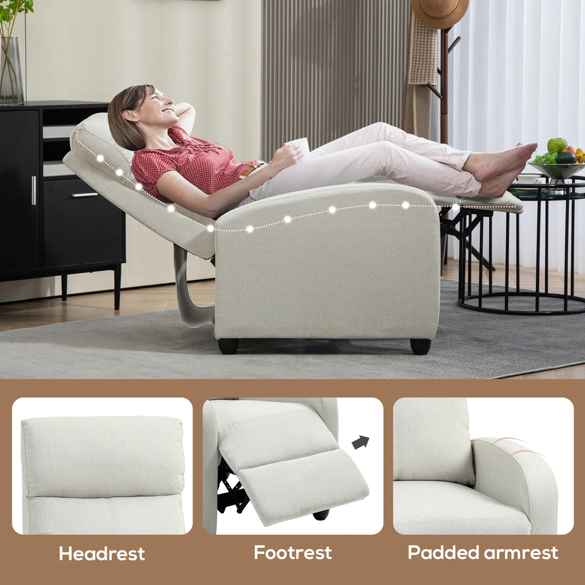 Cream White Fabric Recliner Chair – Manual Home Theater & Living Room Sofa with Padded Seat (United States & Canada Delivery Only)