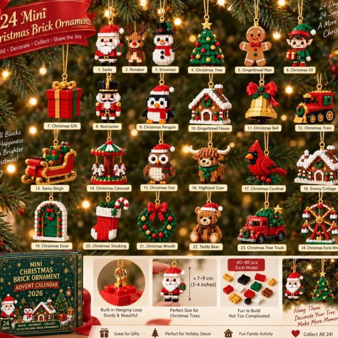 24 Day Mini Christmas Brick Ornament Advent Calendar - Festive Holiday Decoration Building Set
