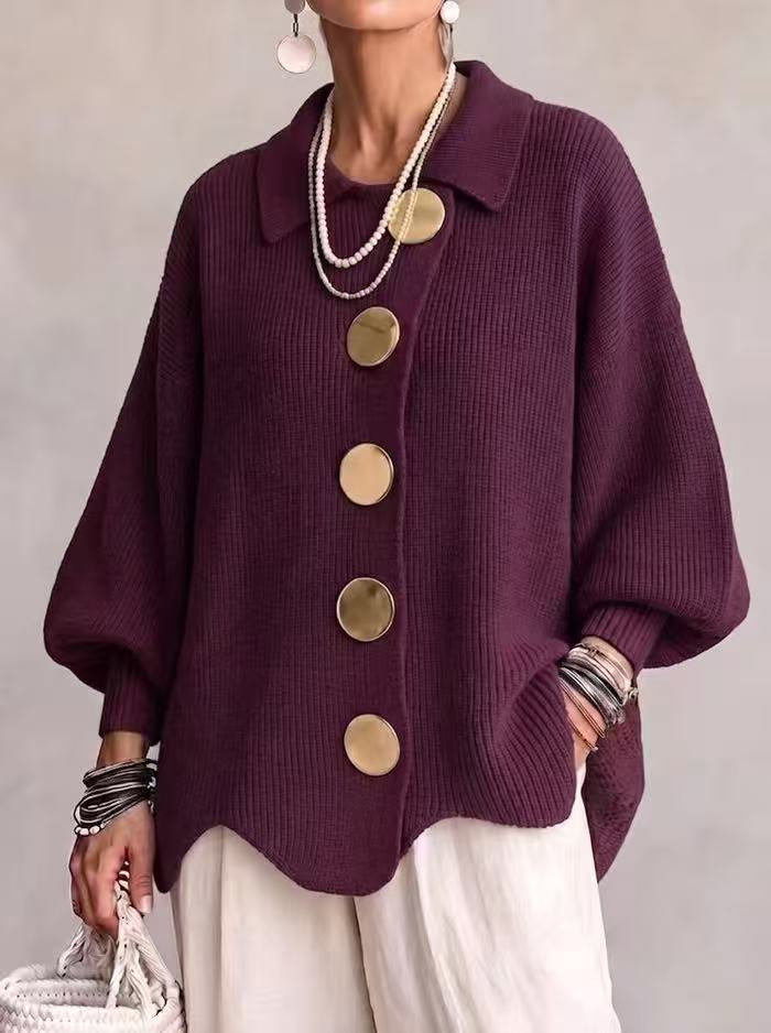 Women’s Button-Down Knit Cardigan – Lapel Collar Long-Sleeve Loose-Fit Fall & Winter Sweater