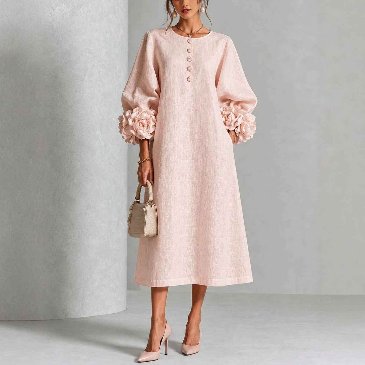 Women’s 3D Floral A-Line Dress – Puff Sleeve French-Style Party & Wedding Dress