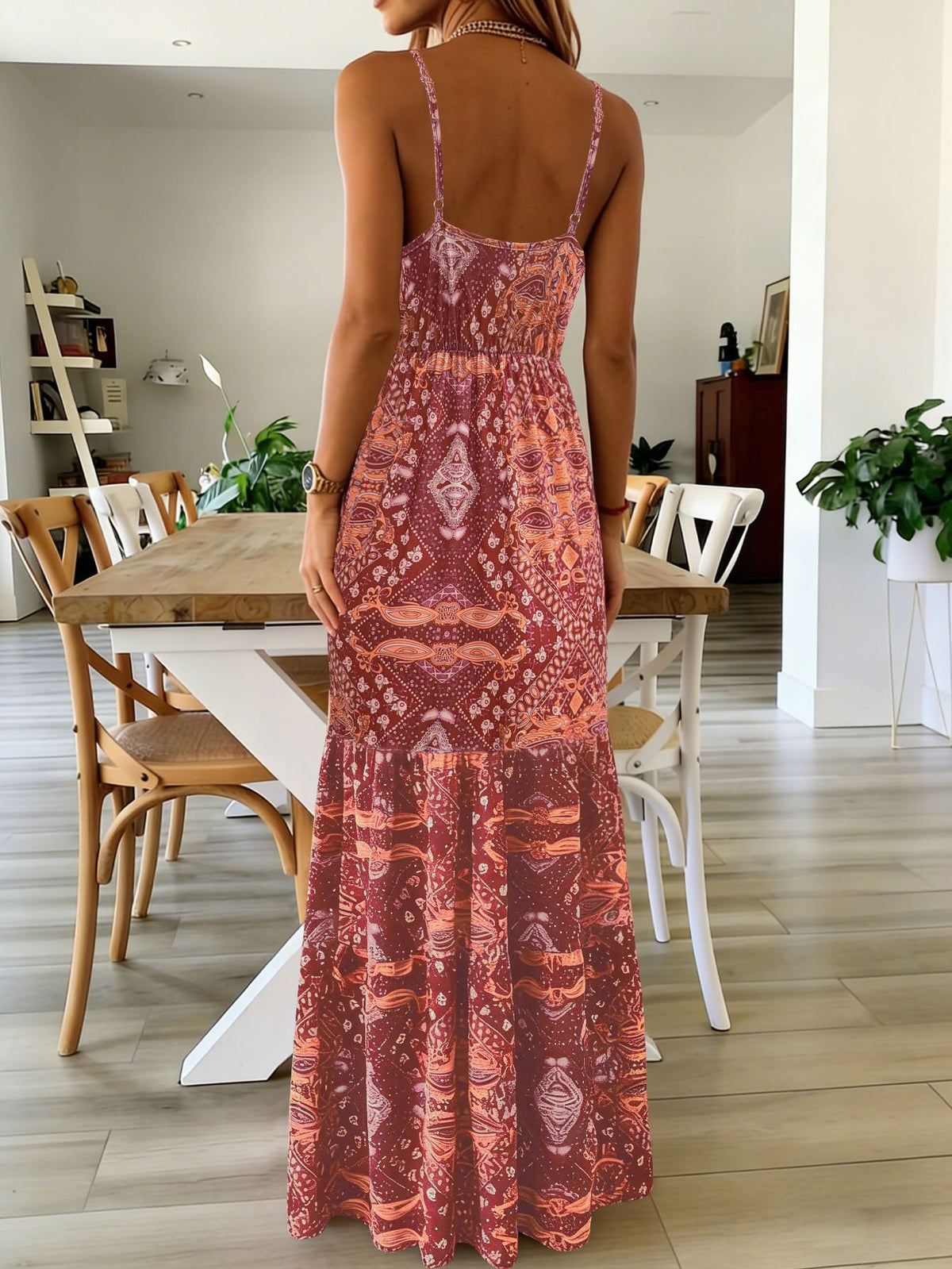 Women's Summer Boho Floral Print High-Waist V-Neck Spaghetti Strap Loose Maxi Dress