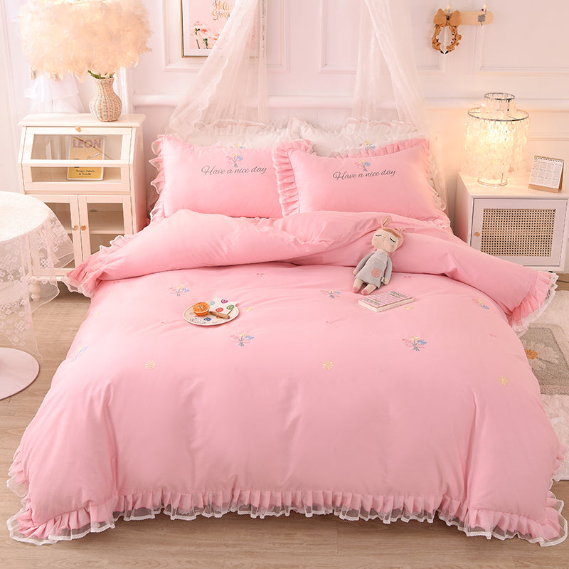 Summer Ruffled Cotton Bedding Set Embroidered Floral Bed Skirt
