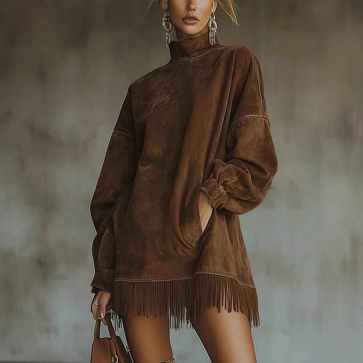 Women's Loose Tassel Suede Dress - Long Sleeve Pocket Dress