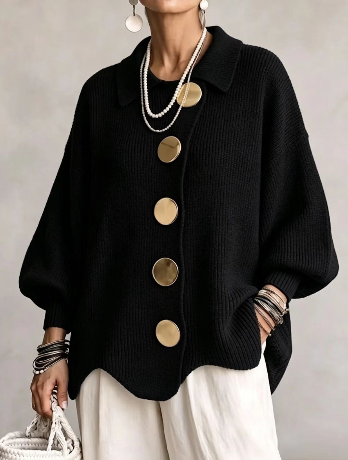 Women’s Button-Down Knit Cardigan – Lapel Collar Long-Sleeve Loose-Fit Fall & Winter Sweater