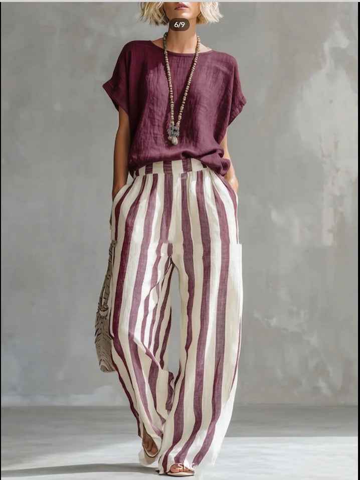 Women's Summer Two Piece Set – Short Sleeve Top with Striped Straight Leg Pants