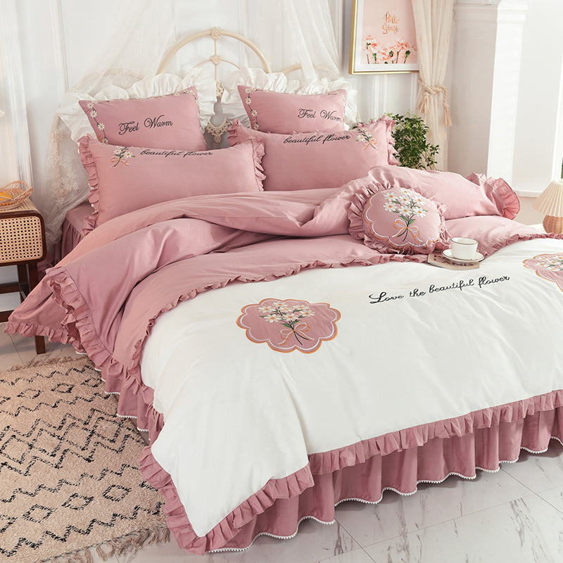 Summer Ruffled Cotton Bedding Set Embroidered Floral Bed Skirt