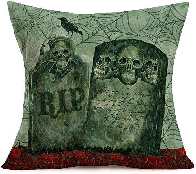 Halloween Skull Throw Pillow Cover – Gray Green Tombstone Cushion Cover