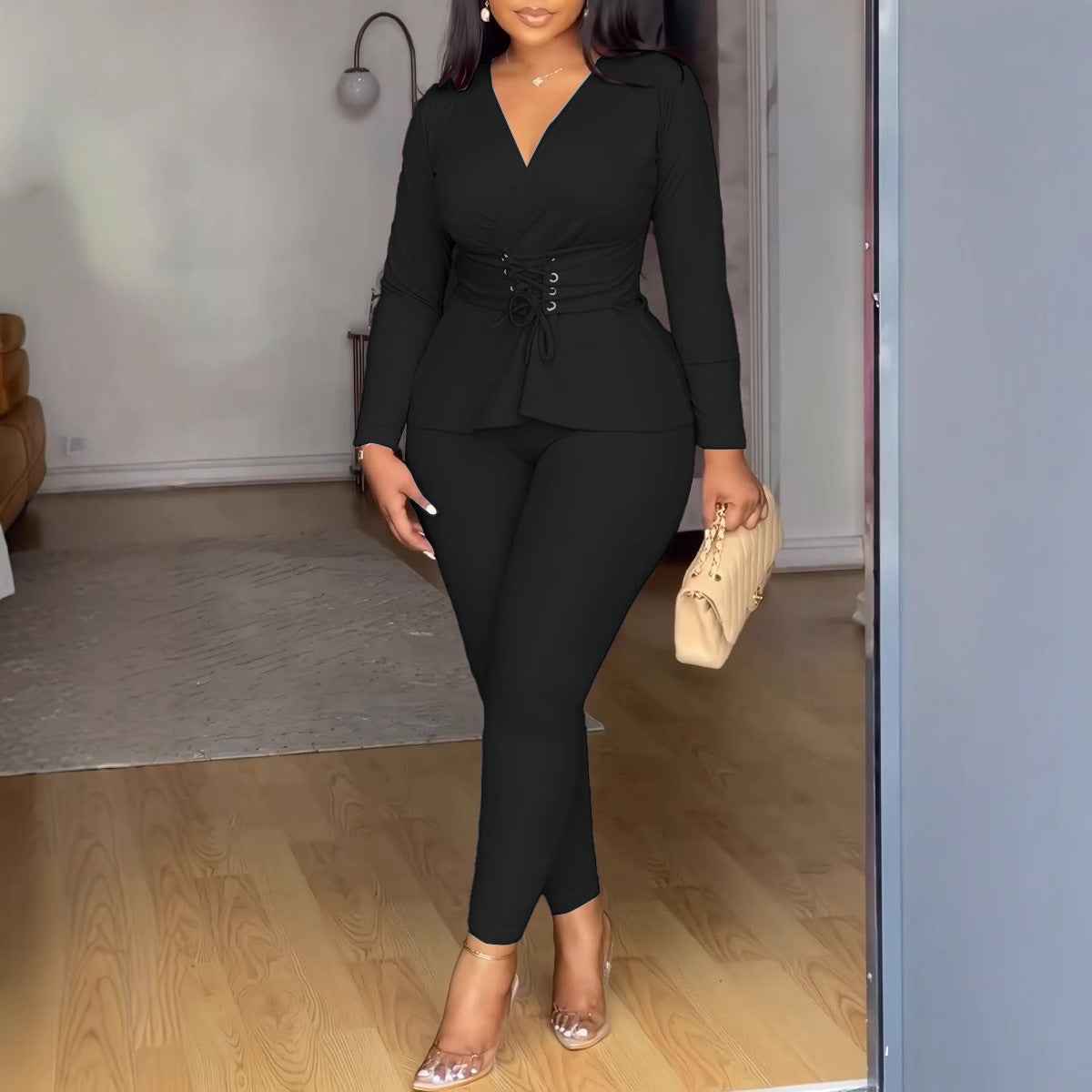 Women's V-Neck Two Piece Set – Long Sleeve Top and Pants Elegant Workwear Outfit