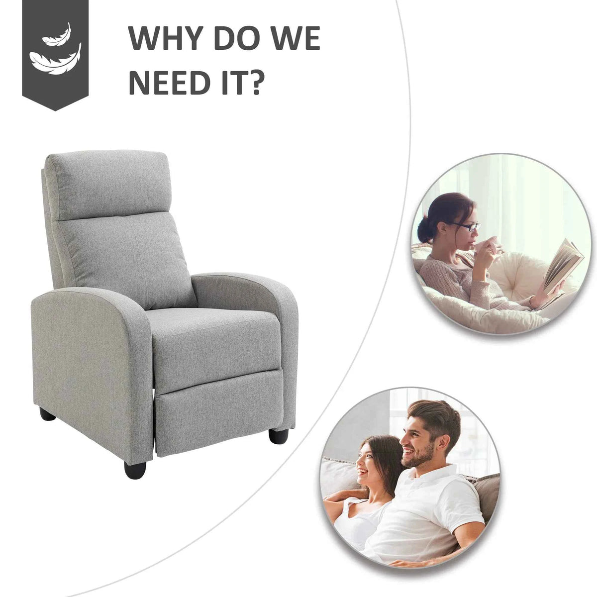Light Grey Fabric Recliner Chair – Manual Home Theater & Living Room Armchair (United States & Canada Delivery Only)