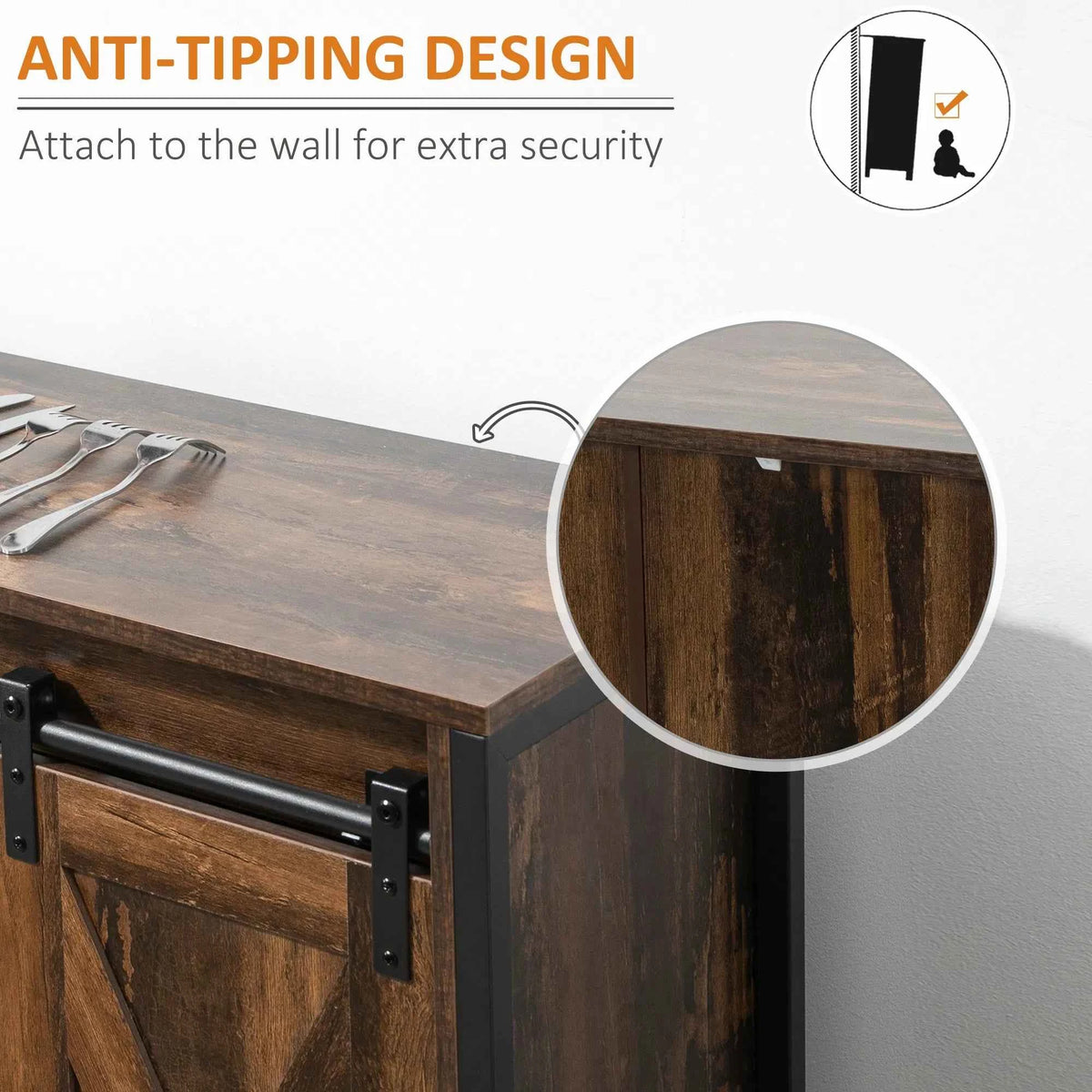 Industrial Rustic Brown Buffet Cabinet – Kitchen Sideboard with Sliding Barn Doors, 3 Drawers & Adjustable Shelves (United States & Canada Delivery Only)