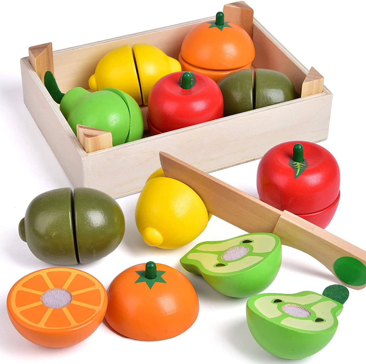 Fun Little Toys - 11 Pcs Wooden Pretend-Play Fruit Cutting Set - Ages 3+