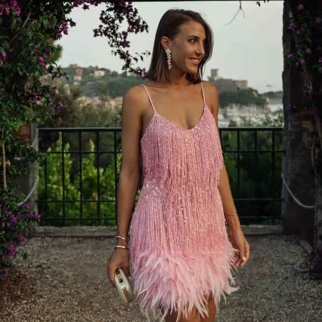 Women’s Sequin Feather Tassel Mini Dress – V-Neck Spaghetti Strap Evening Party Dress