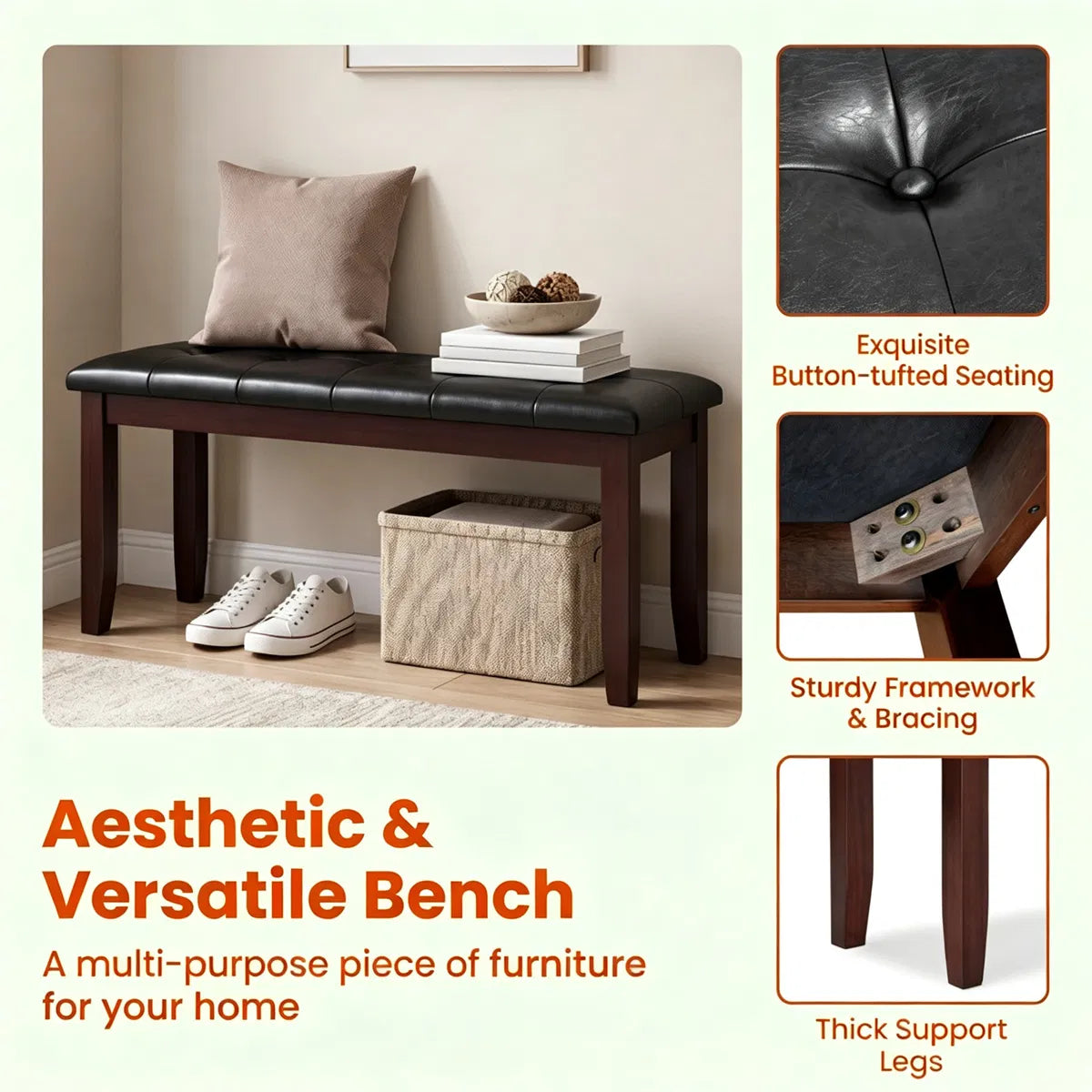 45.5 Inch PU Leather Padded Dining Bench, Solid Rubber Wood, Black and Brown (United States Delivery Only)
